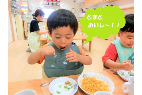 いつもはトマトが苦手な子どもも<br><span style='color:#ffbc7a;'>自分で</span><span style='color:#00ff00;'>育てた野菜</span>を<span style='color:#ff00ff;'>特別</span>に感じ、<br><br>「おいし~」とパクパク食べていました<span style='color:#ff0000;'>♪</span>