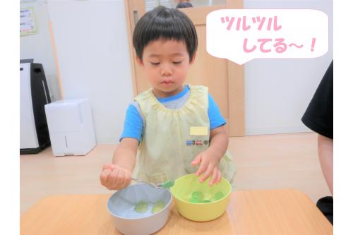 <span style='color:#0000ff;'>うさぎチーム（2歳児）</span>は<br>さらに滑りやすい<br><span style='color:#ff007f;'>丸い寒天</span>を掬ってみました！<br><br><br>ツルツル滑りますが<br>下手持ちで掬うことができて<br><span style='color:#00ff00;'>「いっぱいできた～！」</span>と<br>とっても嬉しそうに見せてくれましたよ<span style='color:#ffff00;'>★</span>