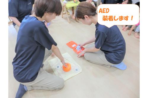 異物を取り除いた後、息をしておらず<br><span style='color:#0000ff;'>蘇生が必要</span>という設定で<br><span style='color:#ff7f00;'>AEDのデモ機</span>を使用して<br><span style='color:#00ff00;'>心肺蘇生</span>も行いました。<br><br><br>実際と同じ動きで<br><span style='color:#007fff;'>シュミレーション</span>を行い<br>もしもに備えています。<br><br><br>0~2歳児は<br><span style='color:#ff7f00;'>まだまだ口に物を入れてしまう</span>ことが<br>多いです。<br><br>大人が親指と人差し指で<br>OKを作った大きさを<br>通ることができるもの(直径約4㎝)を<br><span style='color:#0000ff;'>子どもは飲み込むことができる</span>と<br>言われています。<br><br>ご家庭にある<span style='color:#7f00ff;'>意外なもの</span>も<br>誤飲の原因になりますので<br>これを機に<span style='color:#ff007f;'>一度見直してみる</span>のも<br>いいかもしれないですね!<br><br><br>また、次回のブログもお楽しみに<span style='color:#ffff00;'>★</span>