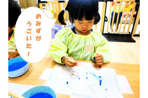 紙の次は<span style='color:#ff7a7a;'>クッキングシート</span>に挑戦<span style='color:#7a7aff;'>!!</span><br>紙の時は<span style='color:#7abcff;'>スーッ</span>と絵の具がしみ込んでいましたが<br>今度は<span style='color:#bc7aff;'>プルン</span>とたくさんの<span style='color:#0000ff;'>水滴</span>が<br>できていることに驚く子どもたち(<span style='color:#ff00ff;'>*</span>^^<span style='color:#ff00ff;'>*</span>)<br><br>割り箸で<span style='color:#0000ff;'>水滴</span>を伸ばそうとすると<br>「ついてきた~!!」と<span style='color:#ff7f00;'>大喜び</span>でした<span style='color:#ff007f;'>♡</span><br><span style='color:#0000ff;'>水滴</span>を動かすことに<span style='color:#ff5b5b;'>真剣</span>です<span style='color:#bc7aff;'>!(^^)!</span>