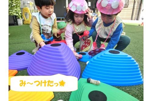 園庭には<br><span style='color:#0000ff;'>ぼこぼこ山</span>と<br><span style='color:#ff7f00;'>とげとげ山</span>が登場<span style='color:#00ffff;'>♪</span><br><br><span style='color:#00ff00;'>「あそこにもきのこあるやん!」</span>と<br>見つけるや否やたくさん集めて<br><span style='color:#ff007f;'>「いっぱいゲット~!」</span>と<br>見せてくれました<span style='color:#ffff00;'>★</span>
