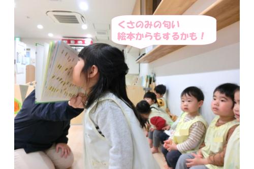 <span style='color:#00ff00;'>「くさのみってとってもいいにおい」</span><br>というページでは<br><span style='color:#7f7fff;'>「絵本もにおいする～？」</span>といいながら<br>みんなでにおいをかいでみました。<br><br><span style='color:#7f00ff;'>「紙の匂いがしたわ～」</span>だそうです(笑)<br>