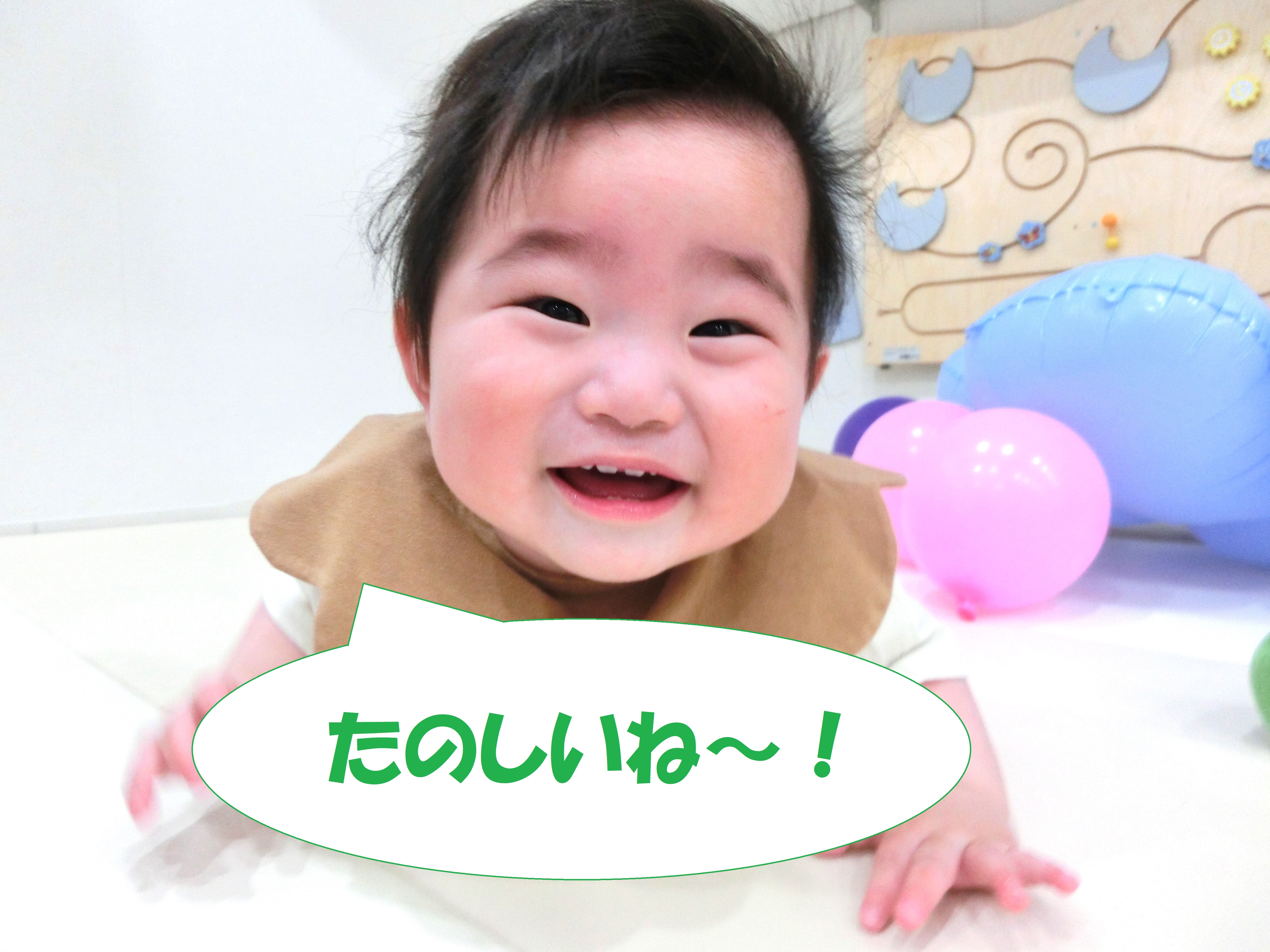 保育者が上に投げた風船が<br>下に<span style='color:#42ffff;'>ふわふわ</span>落ちてくる様子が<br>楽しかったようで「<span style='color:#7fff00;'>きゃっきゃ!</span>」と<br><span style='color:#ff8c19;'>声を出して</span>笑っているお友だちも(<span style='color:#ff007f;'>*</span>^^<span style='color:#ff007f;'>*</span>)<br>