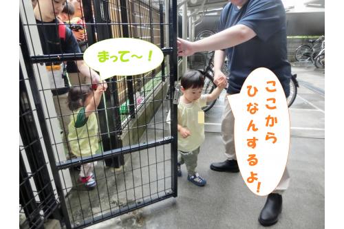 先生と<span style='color:#ff0000;'>しっかり</span>手をつないで<br>いつもは締まっている扉から避難しました<span style='color:#ff7f00;'>!</span><br>直前まで降っていた<span style='color:#007fff;'>雨</span>も止んで、<br>足元には<span style='color:#7a7aff;'>小さな水たまり</span>が!<br><br><span style='color:#42a0ff;'>水たまり</span>にも気をつけて子どもたちは<br>通っていました<span style='color:#7aff7a;'>(^^♪</span>