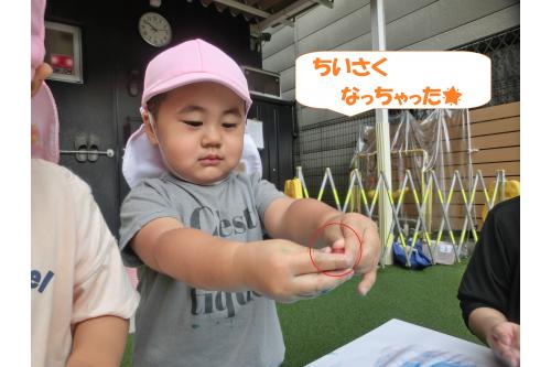 手で触っているとだんだん<br>小さくなる氷…<br><br><span style='color:#ff007f;'>「なんで小さくなっちゃうんだろう？」</span><br><span style='color:#ff7f00;'>「遊んでたらなくなっちゃうから？」</span><br>と溶けていく氷を観察していると<br><br><span style='color:#7f00ff;'>「溶けたら水になった！」</span>と<br>新しい発見を教えてくれました<span style='color:#ff7f00;'>♪</span>