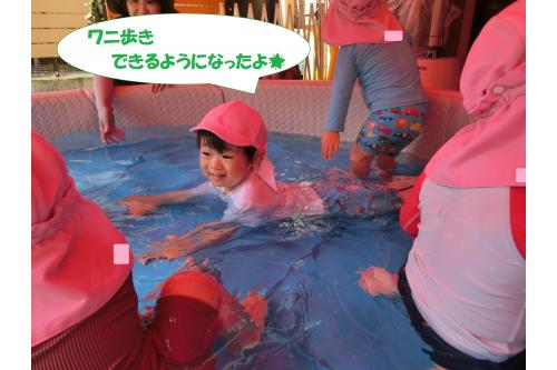 <span style='color:#ff7f00;'>うさぎチーム(2歳児)</span>は<br>ワニ歩きを習得！<br><br>顔が水に浸かったら危ないから<br>しっかり上げてね！<br>という<span style='color:#7f00ff;'>お約束</span>を守って<br>楽しんでいます<span style='color:#00ffff;'>(^^♪</span><br>スイスイ泳いで<br><span style='color:#00ff00;'>「お兄さんお姉さんになったから<br>泳げるんだ～」</span>と得意げです！<br>
