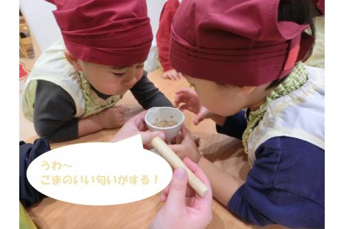 すり潰せば潰すほど<br>ごまの<span style='color:#6bffb5;'>いい香り</span>が<span style='color:#7070ff;'>部屋中</span>に<br>広がっていました<span style='color:#70ff70;'>♡</span><br><br>あまりのいい匂いに<br>子ども達もお腹が空いてきたようで<br>「<span style='color:#ff66ff;'>いいにお～い</span>」<br>「<span style='color:#ff5b5b;'>はやくたべた～い</span>」<br>という声が色々な所から<br>聞こえてきました<span style='color:#ff0582;'>！！</span>