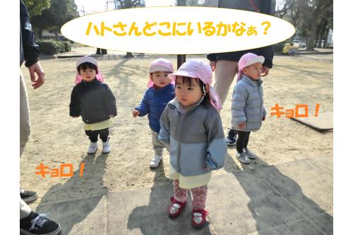 最近の<span style='color:#ffbc7a;'>ひよこチーム(0歳児)</span>は<br>「<span style='color:#ff7abc;'>動物</span>」「<span style='color:#7abcff;'>色</span>」など<br>いろいろな物に<span style='color:#ff7abc;'>興味深々</span>です!<br>今日は「<span style='color:#ff7aff;'>ハト</span>」がいるのかみんなで探しました!<br>