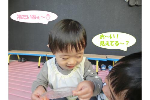 とっても<span style='color:#0000ff;'>透明な氷</span>できたので<br>思わず反対から覗き込んだり…<br><br><span style='color:#007fff;'>手は冷たい</span>はずなのに<br>夢中になって氷を見ていました！<br>