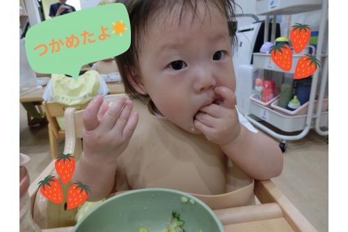 <span style='color:#ff7f00;'>お口にあーん!<br></span><span style='color:#00ff00;'>上手に食べられる</span>のが<br>うれしいようでこちらを見ながら<br>食べていますよ<span style='color:#ff007f;'>♡</span>