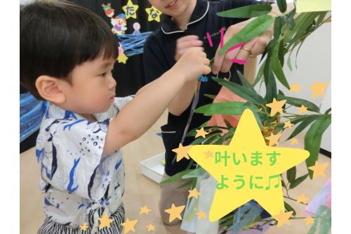 そして実際に自分たちで<br>作った<span style='color:#ba75ff;'>七夕飾り</span>を<span style='color:#75ff75;'>笹に飾りました♪</span><br><span style='color:#75baff;'>“どこにかざろうかな～”</span><span style='color:#75baff;'>“短冊の横にかざろう！”</span><br>と自分たちの思い思いの<br>場所に飾りましたよ<span style='color:#ff7575;'>♥</span>