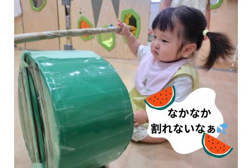 <span style='color:#ff962d;'>ひよこチーム（0歳児）</span>も挑戦！<br><br>直接手で割るお友だちがいたり<br><span style='color:#2dffff;'>りすチーム（1歳児）</span>や<span style='color:#ff2dff;'>うさぎチーム（2歳児）</span>の<br>姿を見て真似して<br>棒を握ってみたりと<br>それぞれの<span style='color:#ff3838;'>楽しみ方</span>を<br>していましたよ<span style='color:#ff2828;'>♥</span>